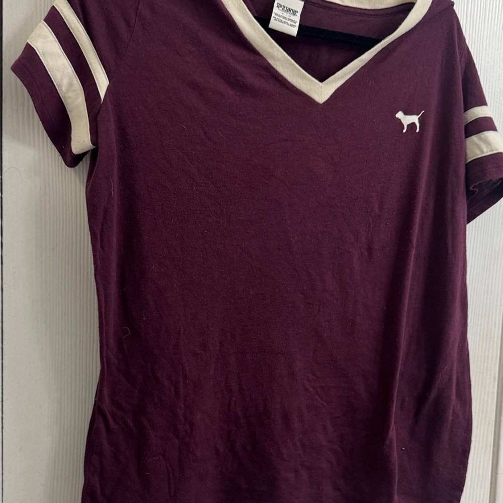 PINK Victoria's Secret Maroon and Cream Short Sleeve Tee